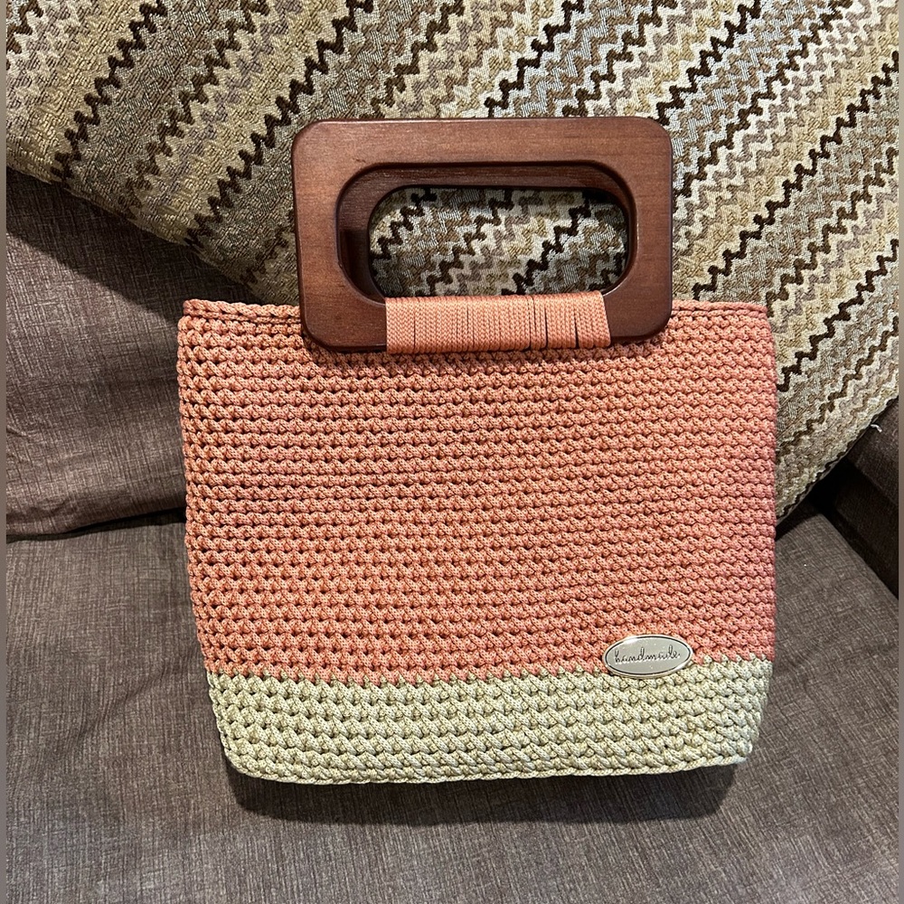 Handcrafted handbag, crocheted with wooden handles. New, never used.